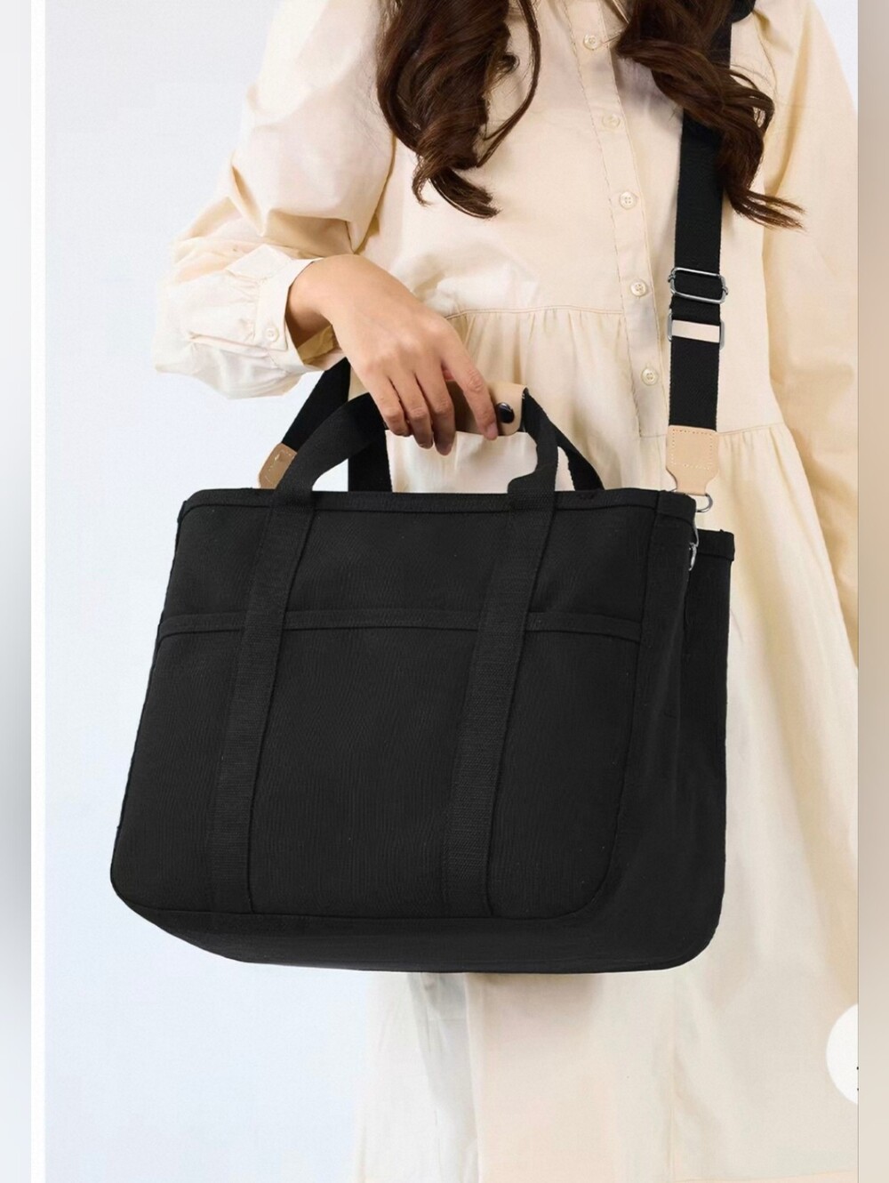 Black Canvas Tote Bag with Adjustable Shoulder Strap